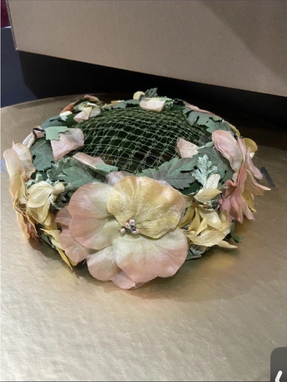 Floral Pillbox Hat with Pink and Green Accents